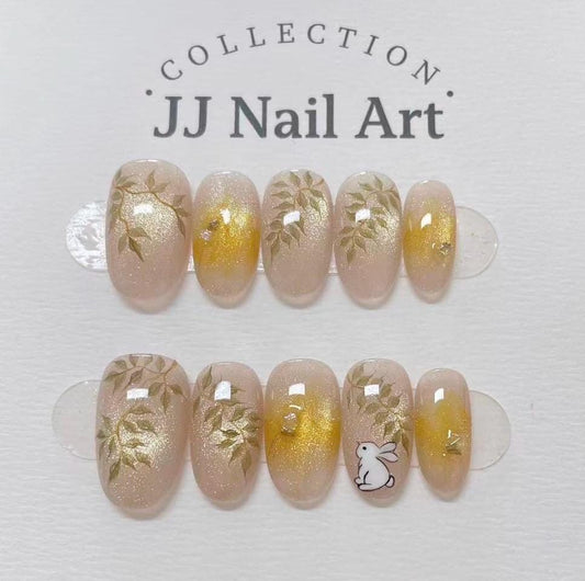 Handpainted Floral French Press On Nails: Bunny, Flowers, Reusable Set