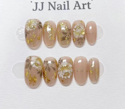 Blossoms In Gold Hand Painted Press On Nails: Custom Shape Reusable Nail Set