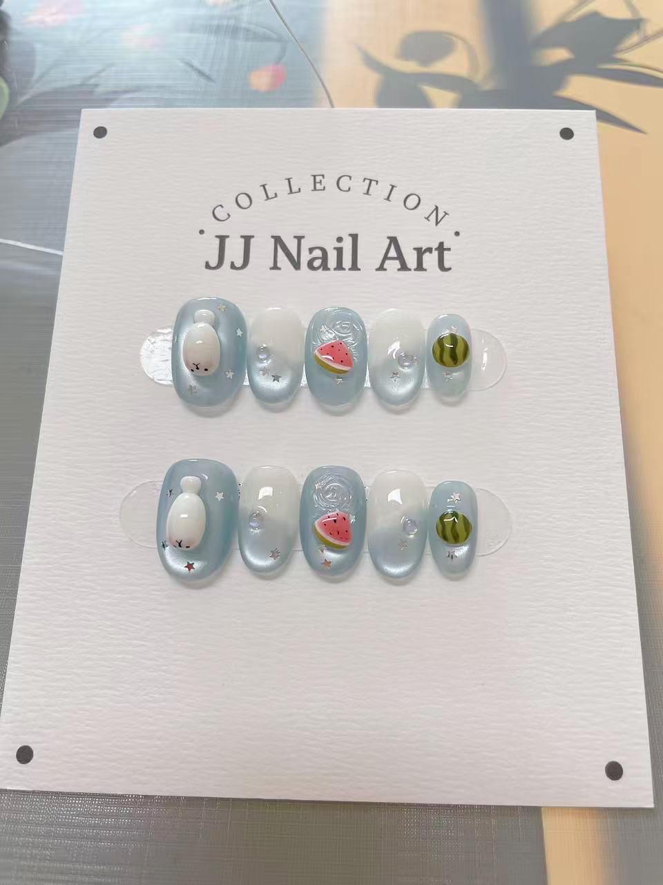 Handmade 3D Watermelon Cat Eye Press On Nails: Reusable Set