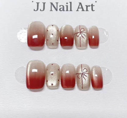 Dark Red Ombre Cat Eye Press On Nails: Custom Shape Reusable Nail Set