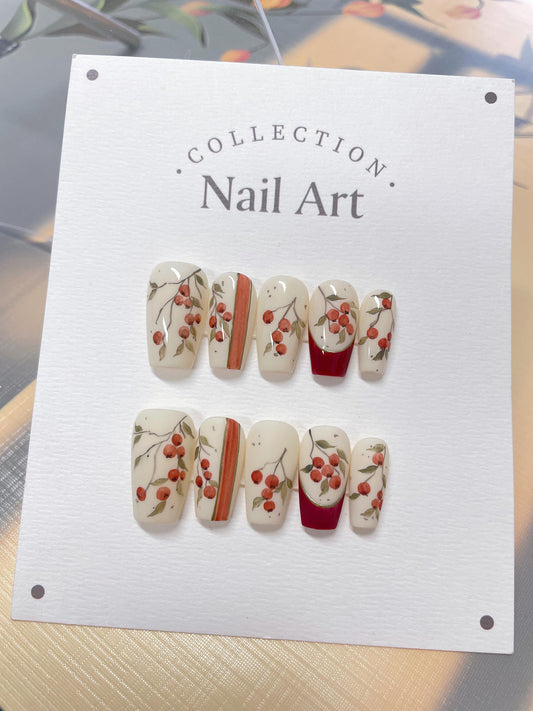 Handmade Autumn Berries Press On Nails: Red French Tip, Elegant Faux Nails