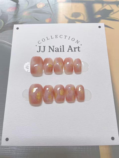 Peach Smudge Gold Handmade Press On Nails: Custom Shape Reusable Set