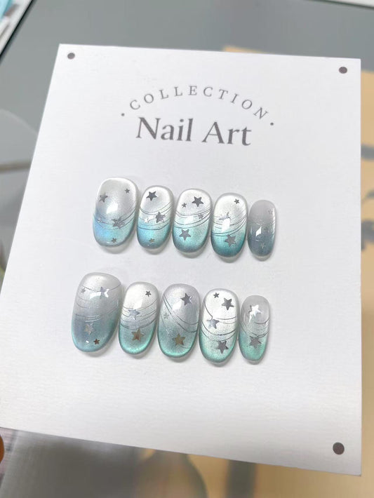 Hand Painted Ombre Stars Press On Nails, Reusable Custom Nail Shape