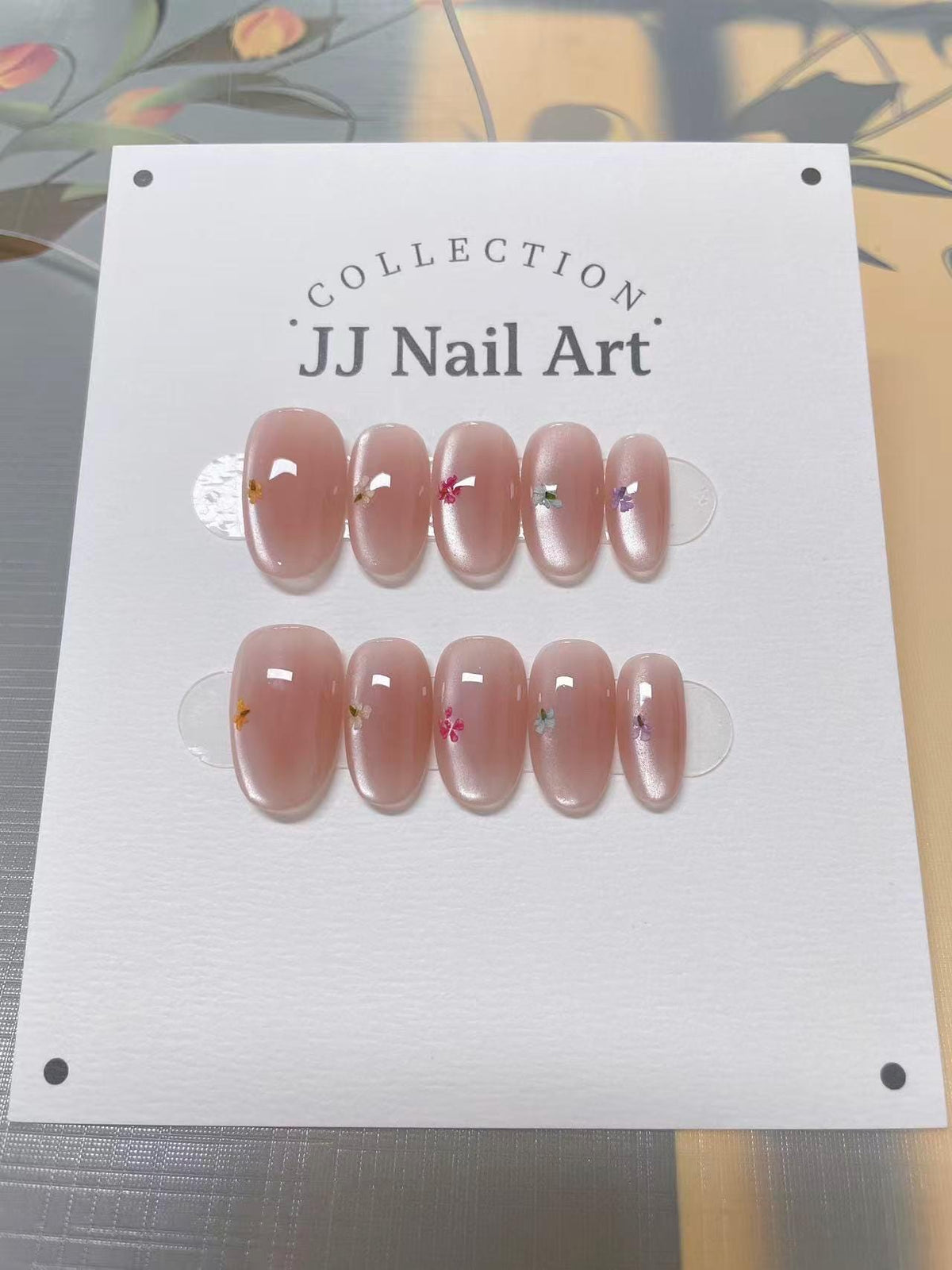 Petals in Cat Eye Handmade Press On Nails: Reusable Custom Shape Set, Pastel Colors