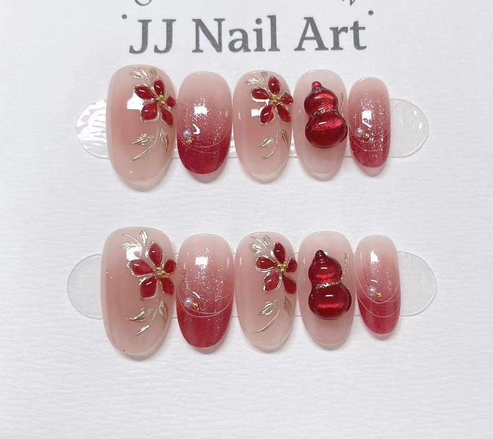 Red Petals Cat Eye Hand Painted Press On Nails: Custom Shape Reusable Nail Set