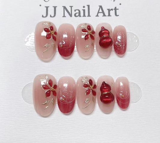 Red Petals Cat Eye Hand Painted Press On Nails: Custom Shape Reusable Nail Set