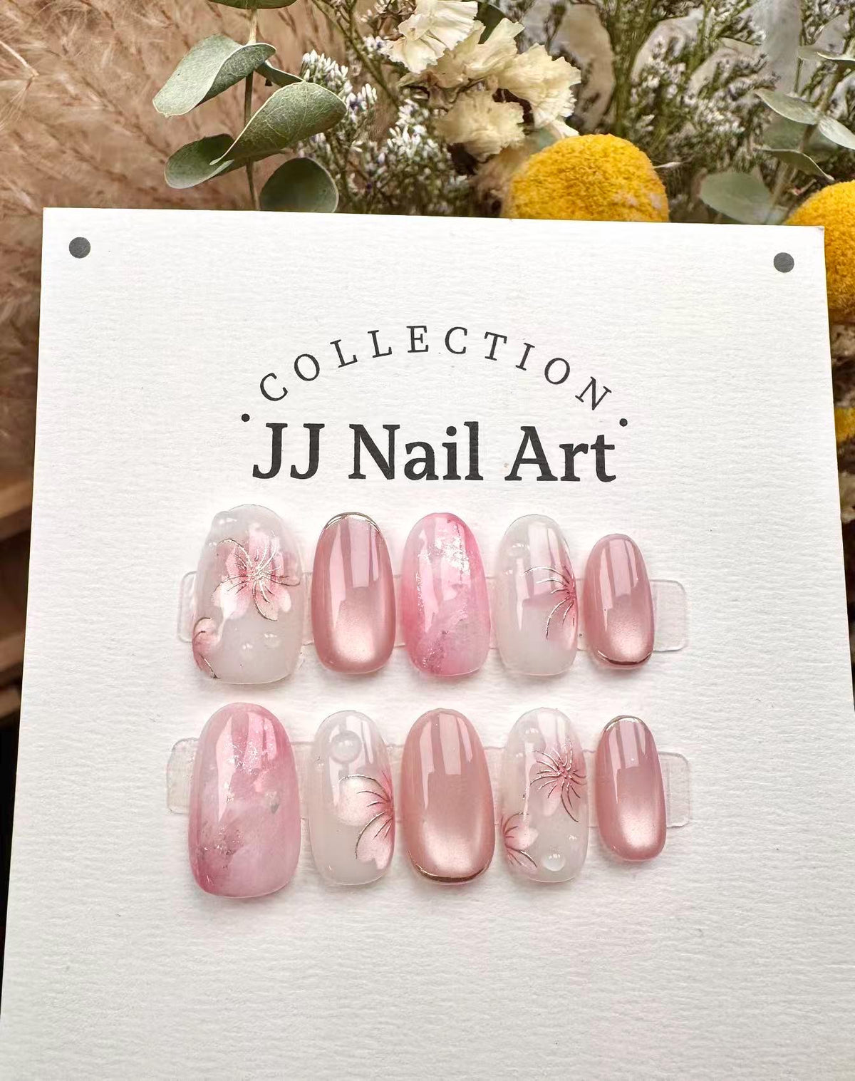 Handmade Pink Smudge Petals Press On Nails: Reusable Custom Shape Set