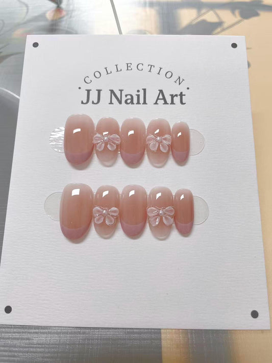 Pink Petals French Handmade Press On Nails: Custom Shape Reusable Set, Pastel Colors