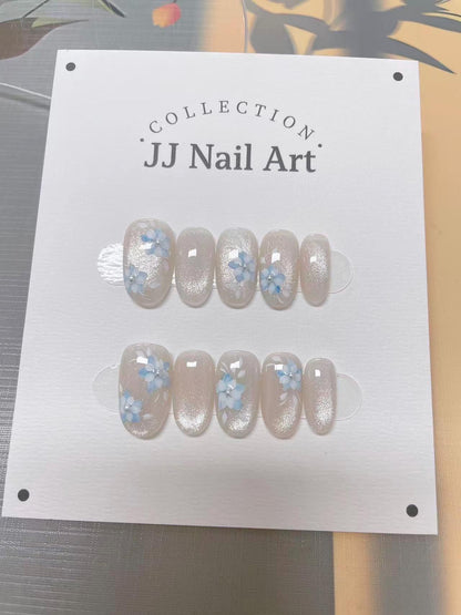 Custom Nail Shape Hand Painted Press On Nails, Light Blue Flowers, Reusable Cat Eye