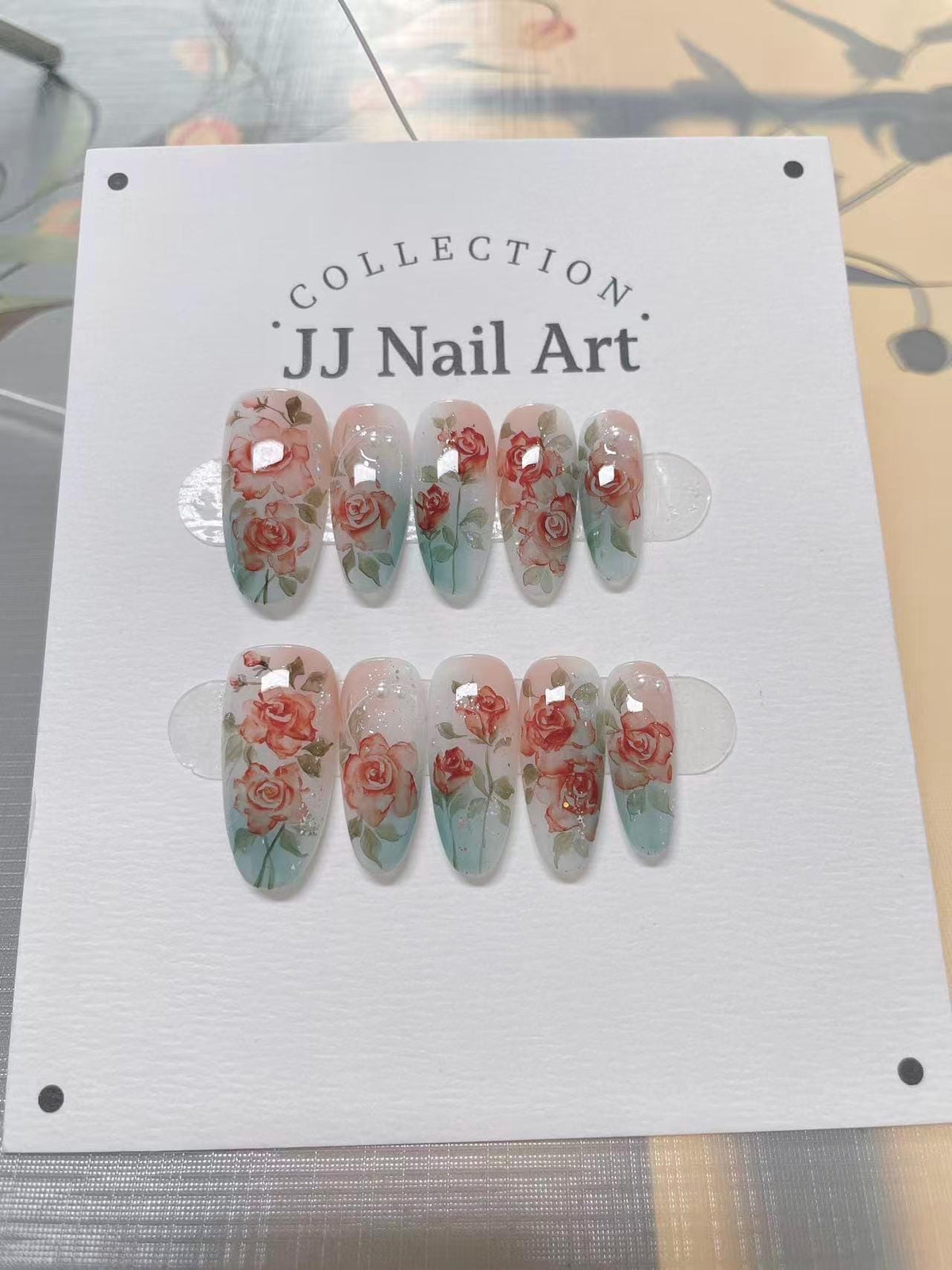 Hand Painted Red Roses Press On Nails: Reusable Custom Shape Set