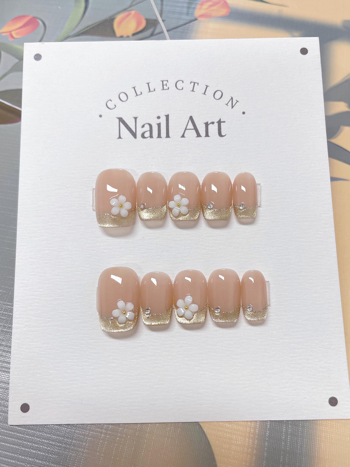 Gold French Flower Press On Nails: Hand Painted Reusable Faux Nails