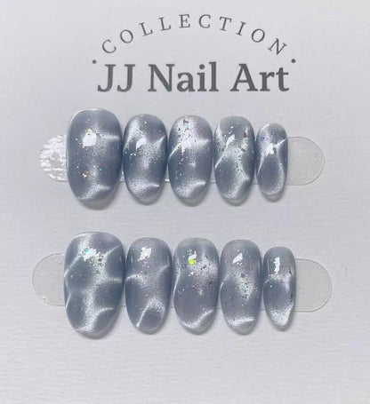 Water Ripples Cat Eye Press On Nails: Custom Shape Reusable Set