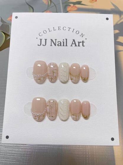 Gold French Tips Press On Nails: Hand Painted Reusable Fake Nails