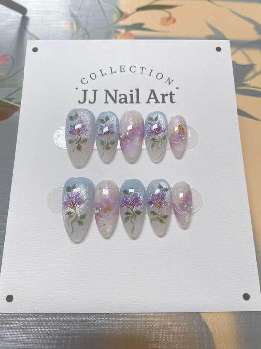 Handmade Blue Purple Flowers Cat Eye Press On Nails: Reusable Set