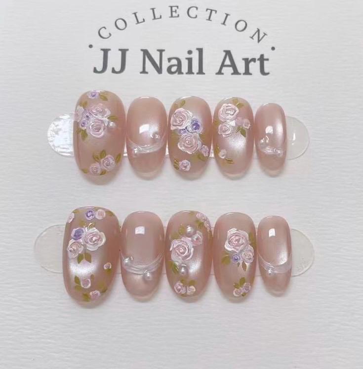 Handpainted Flowers Cat Eye Press On Nails: Reusable Set