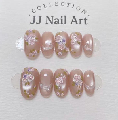 Handpainted Flowers Cat Eye Press On Nails: Reusable Set