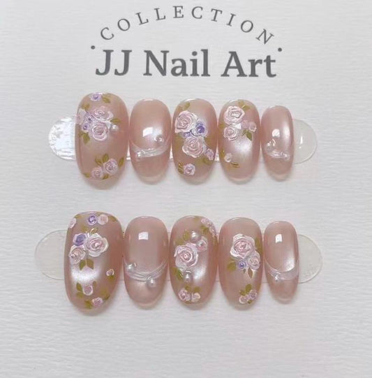 Handpainted Flowers Cat Eye Press On Nails: Reusable Set