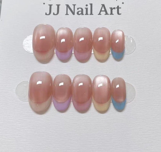 Pastels French Cat Eye Hand Painted Press On Nails: Custom Shape Reusable Nail Set