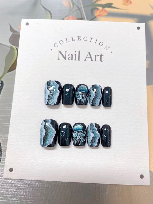 Hand Painted Jellyfish Press On Nails, Pretty Waves, Reusable Custom Nail Shape
