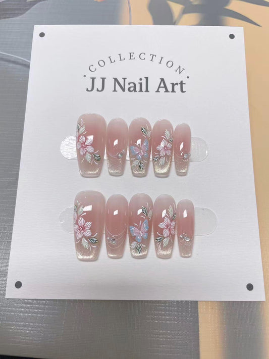 Handmade Flower Butterfly Press On Nails, Reusable False Nails