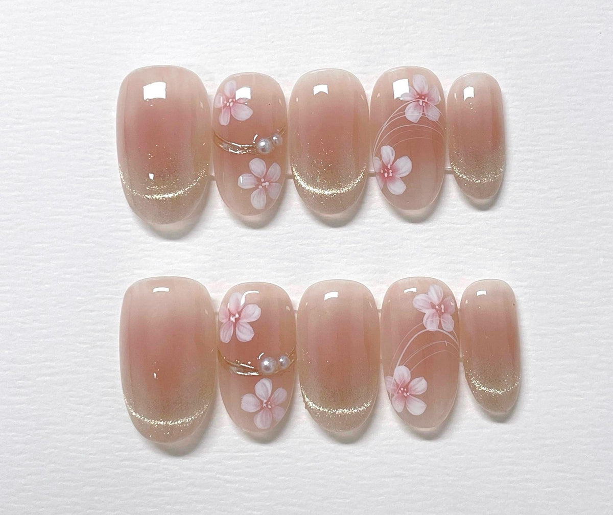 Pink Flower Cat Eye Press On Nails: Hand Painted Reusable Faux Nails