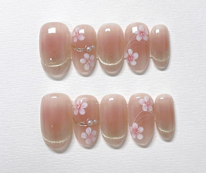 Pink Flower Cat Eye Press On Nails: Hand Painted Reusable Faux Nails