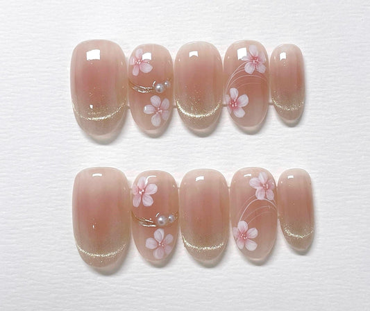 Pink Flower Cat Eye Press On Nails: Hand Painted Reusable Faux Nails