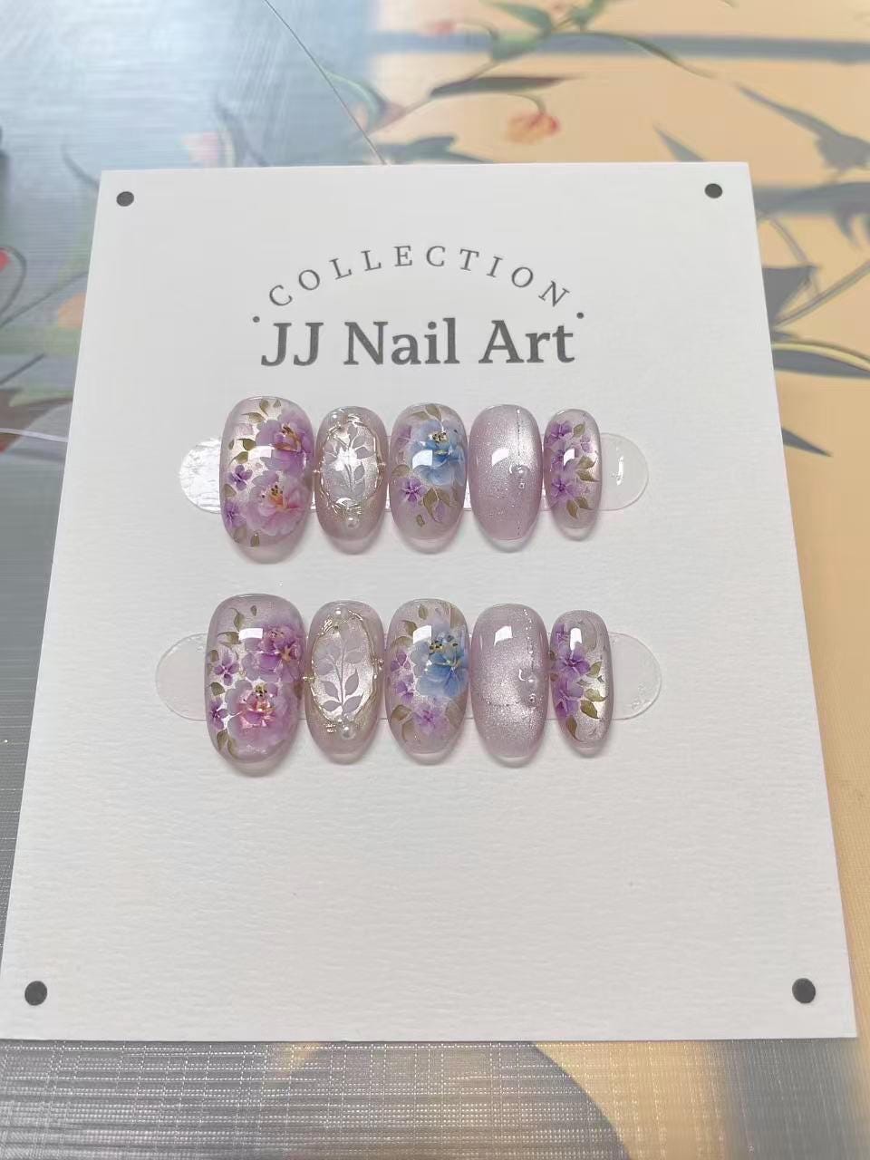 Handpainted Purple Florals Press On Nails: Reusable Set, Cat Eye Design