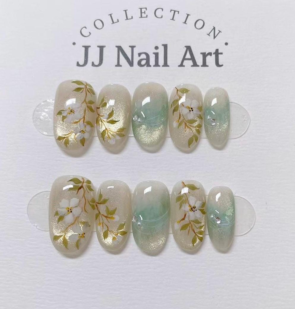 Handmade Flowers Green Smudge Press On Nails: Reusable Set
