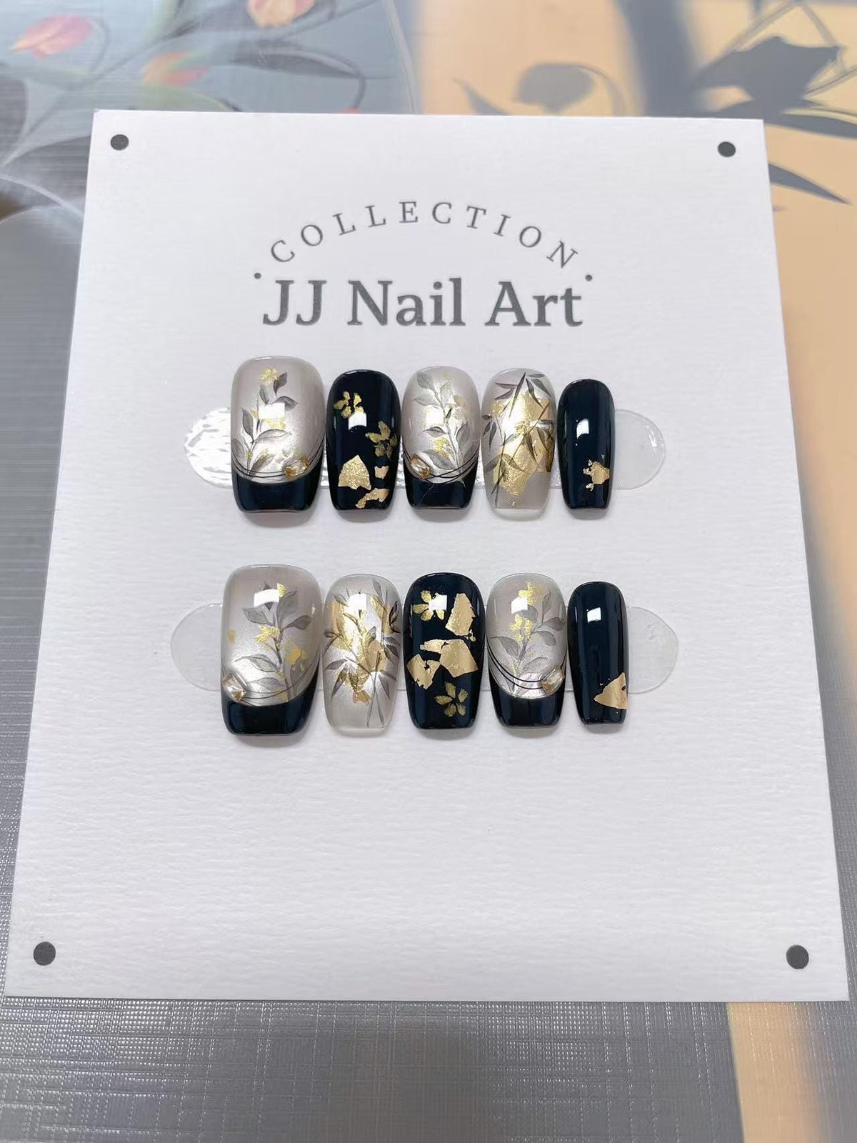 Gold Foils French Hand Painted Press On Nails: Custom Shape Reusable Nail Set