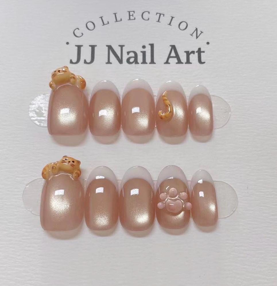 Handmade Cat Press On Nails: Reusable Custom Shape Set