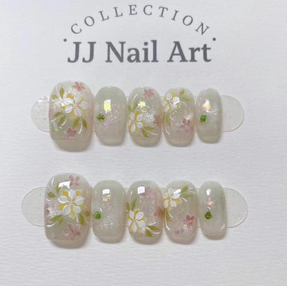 Handmade Yellow White Petals Cat Eye Press On Nails: Reusable Nail Set