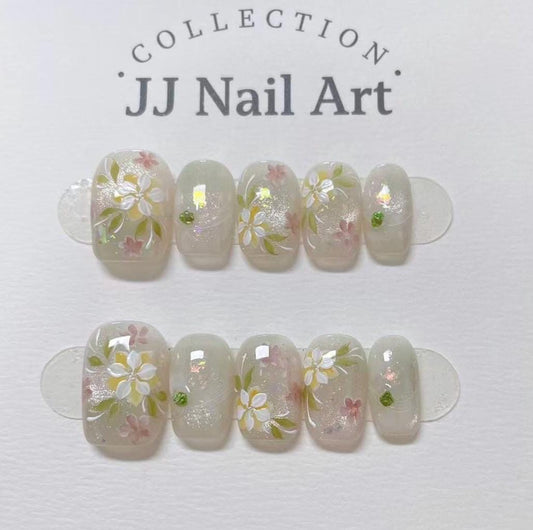 Handmade Yellow White Petals Cat Eye Press On Nails: Reusable Nail Set