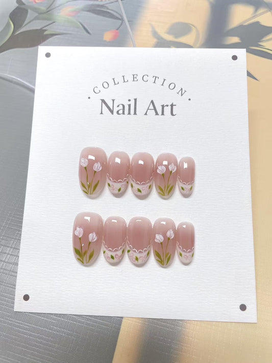 Custom Nail Shape Hand Painted Tulip Press On Nails, Lace French Faux Nails, Reusable