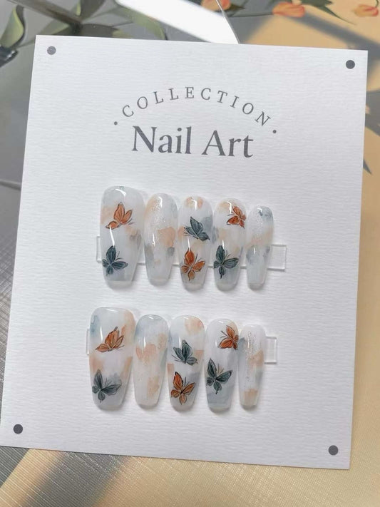 Hand Painted Butterfly Press On Nails: Reusable Gel Faux Nails