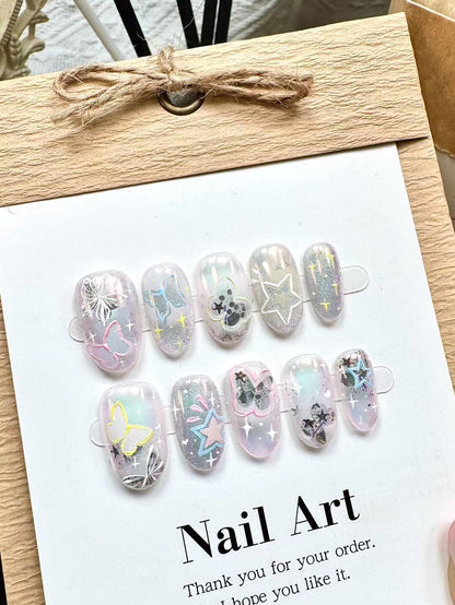Aurora Butterfly Press On Nails: Hand-Painted Reusable Faux Nails