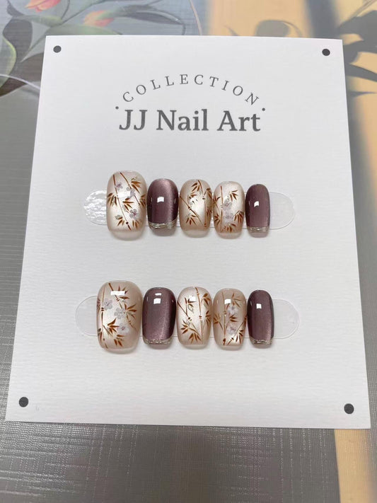 Fall Bamboo With Petals Effect Press On Nails: Hand Painted Reusable Fake Nails