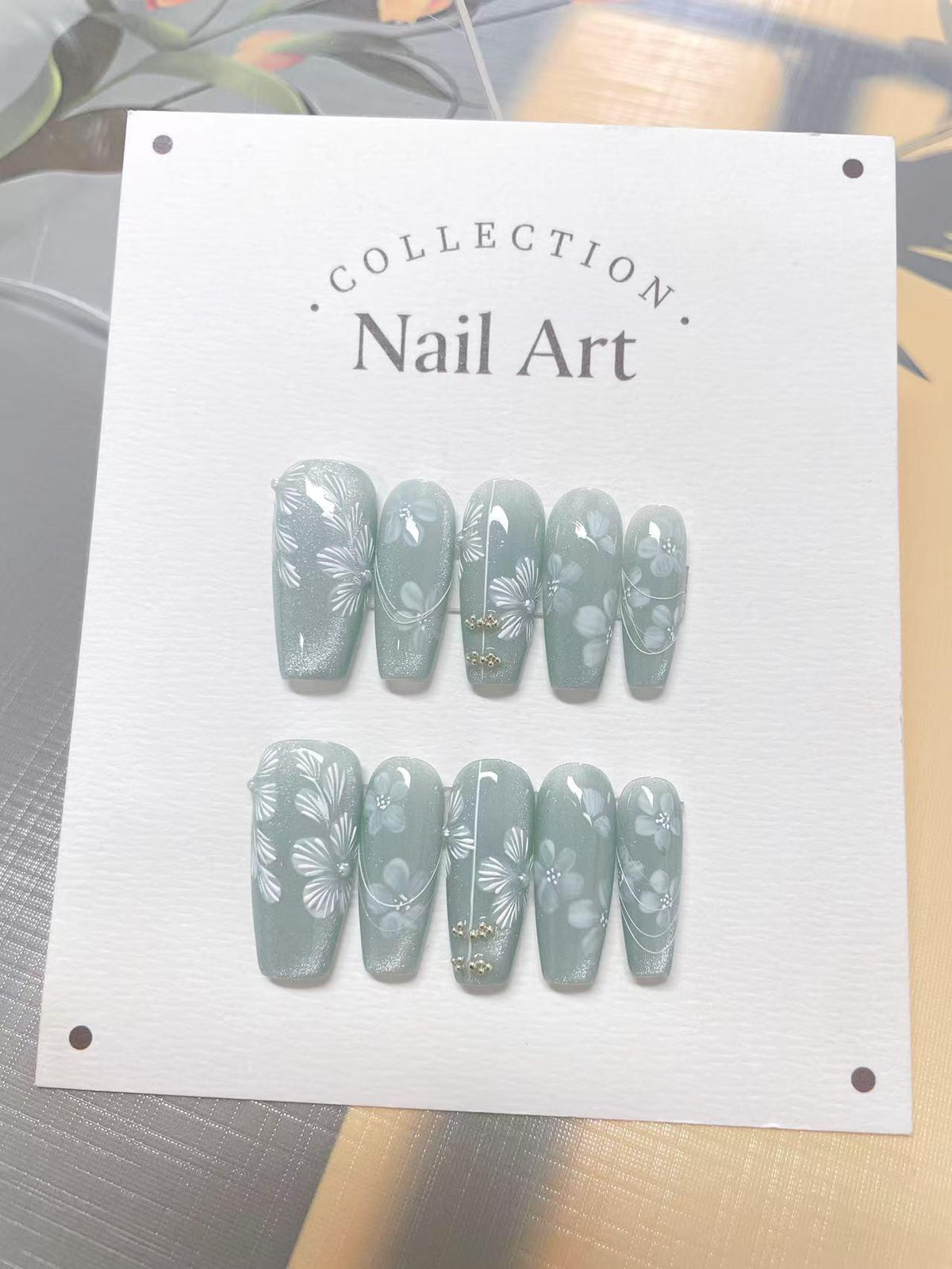 Handmade Sky Blue Floral Press On Nails: Beaded Reusable False Nails