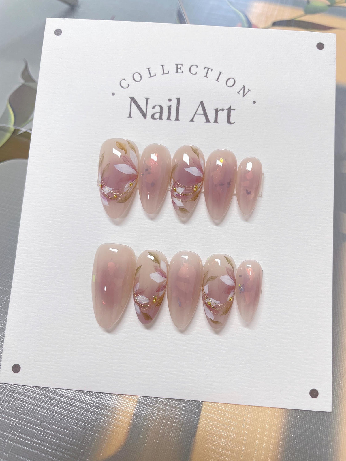 Hand Painted Press On Nails: White Flowers with Gold Beads, Reusable Faux Nails