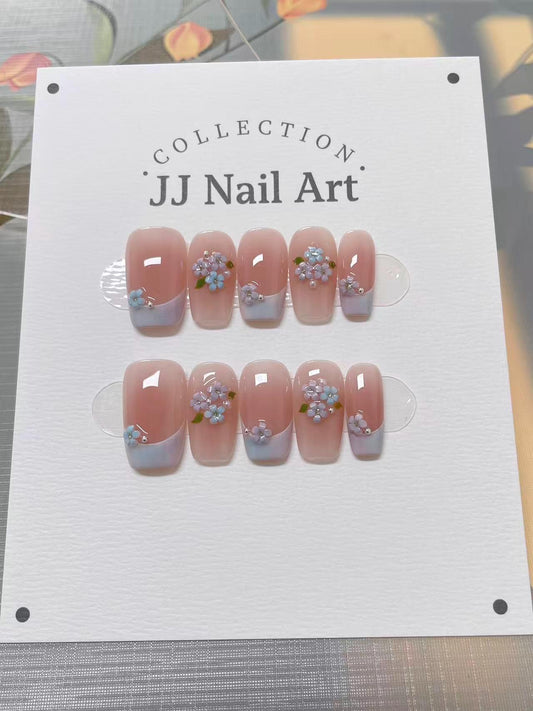Blue Floral French Press On Nails: Reusable Custom Shape Set