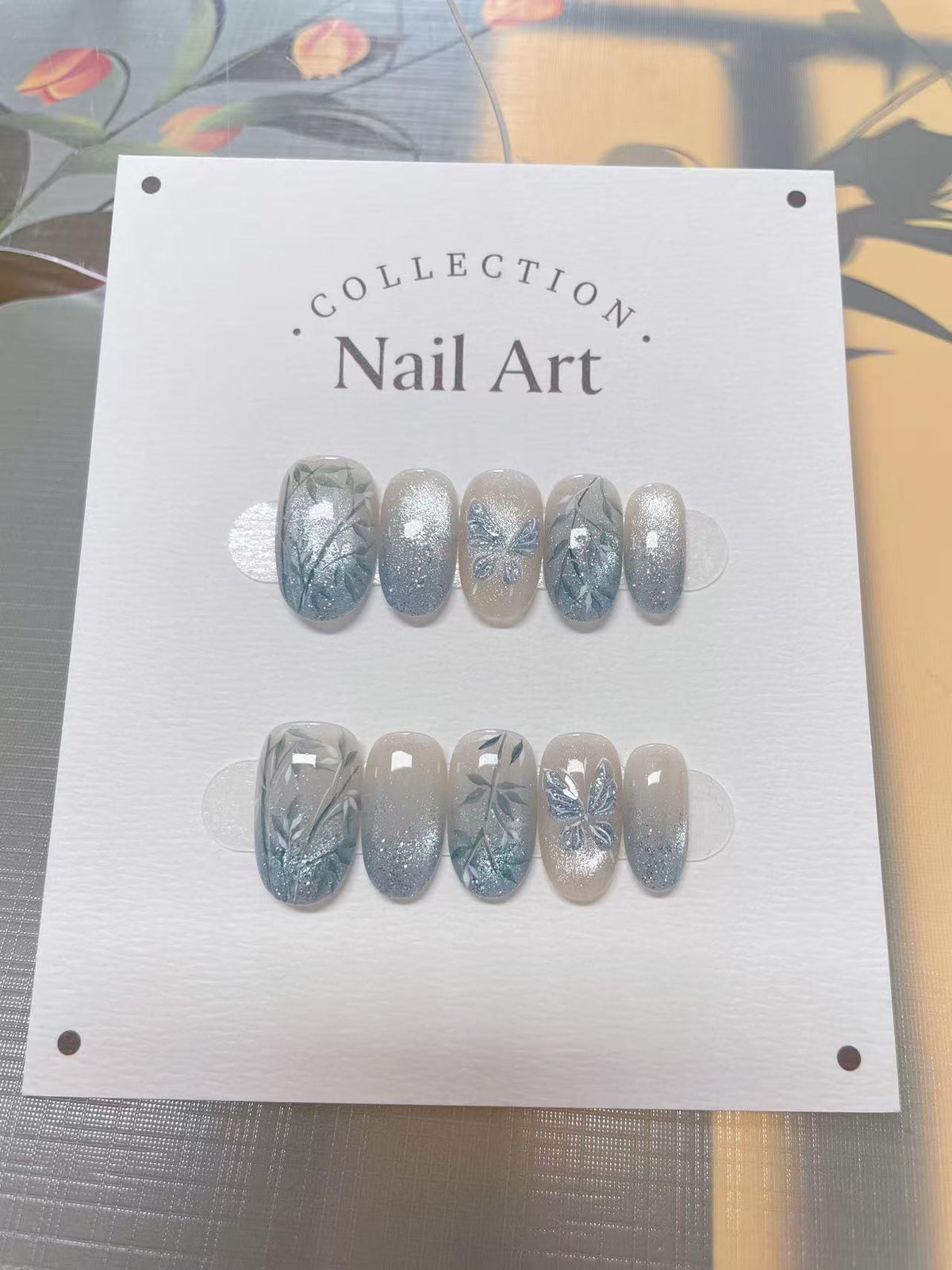 Blue Butterfly Ombre Press On Nails: Hand-Painted Reusable False Nails