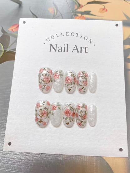 Pearlescent Rose Press On Nails: Hand Painted Vintage Faux Nails