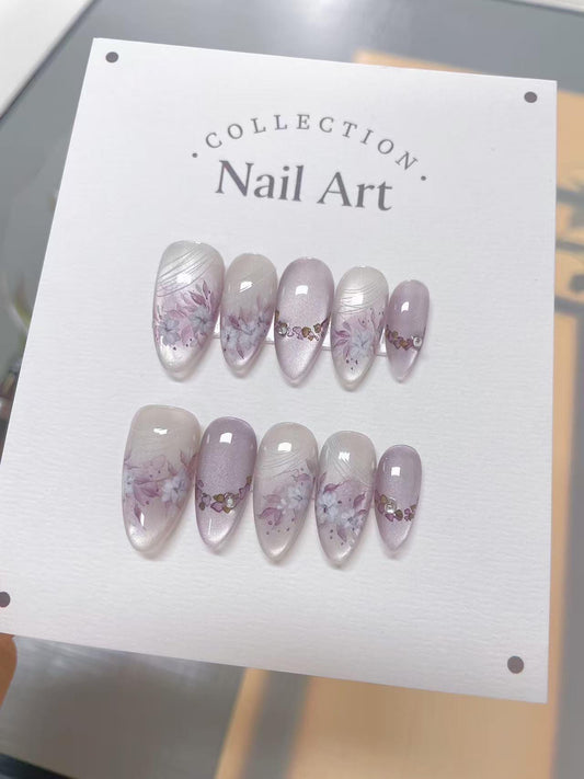 Hand Painted Press On Nails: White Flowers, Purple Smudge, Reusable