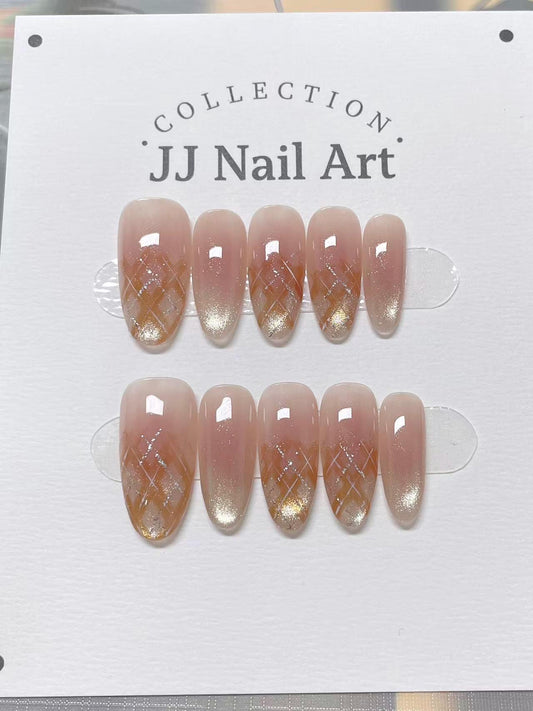 Custom Shape Plaid Cat Eye Press On Nails: Hand Painted Reusable Fake Nails