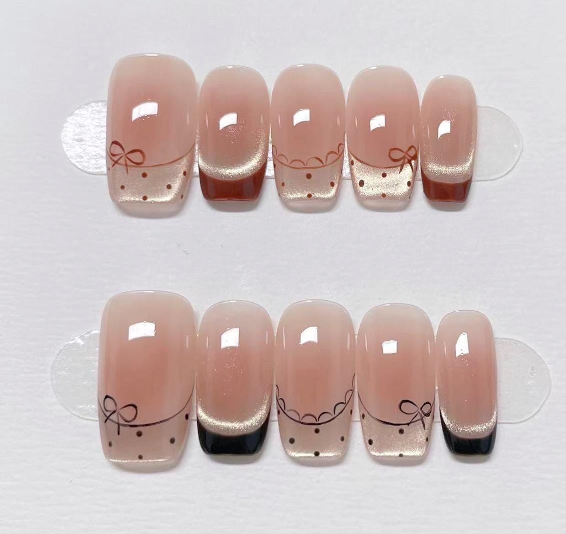 Custom Shape Press On Nails: Polka Dots French Tip Hand Painted, Reusable Fake Nails