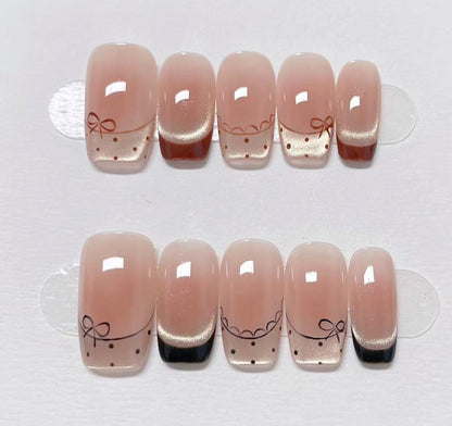 Custom Shape Press On Nails: Polka Dots French Tip Hand Painted, Reusable Fake Nails
