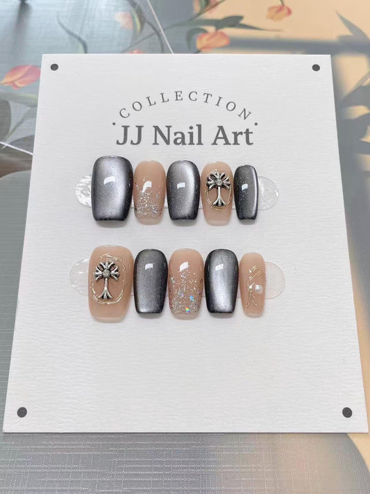 Handpainted Cross Cat Eye Petals  Press On Nails: Floral French Reusable Set