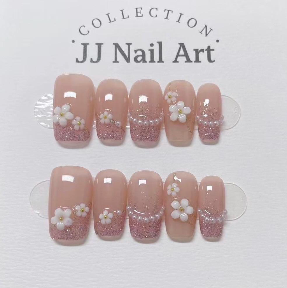 White Petals Glitter Handmade Press On Nails: Reusable Custom Shape Set, Pastel Colors