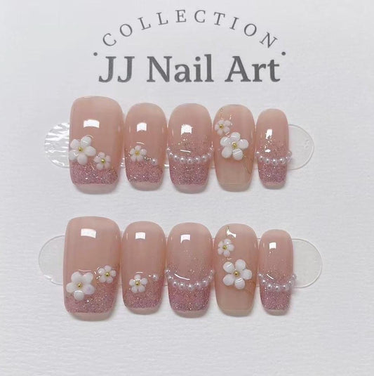 White Petals Glitter Handmade Press On Nails: Reusable Custom Shape Set, Pastel Colors