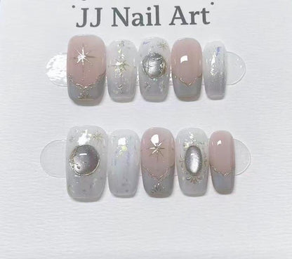 Vintage Stars Hand Painted Press On Nails: Custom Shape Reusable Nail Set